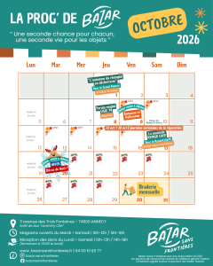 Calendrier des évènements du mois d'octobre chez Bazar Sans Frontières